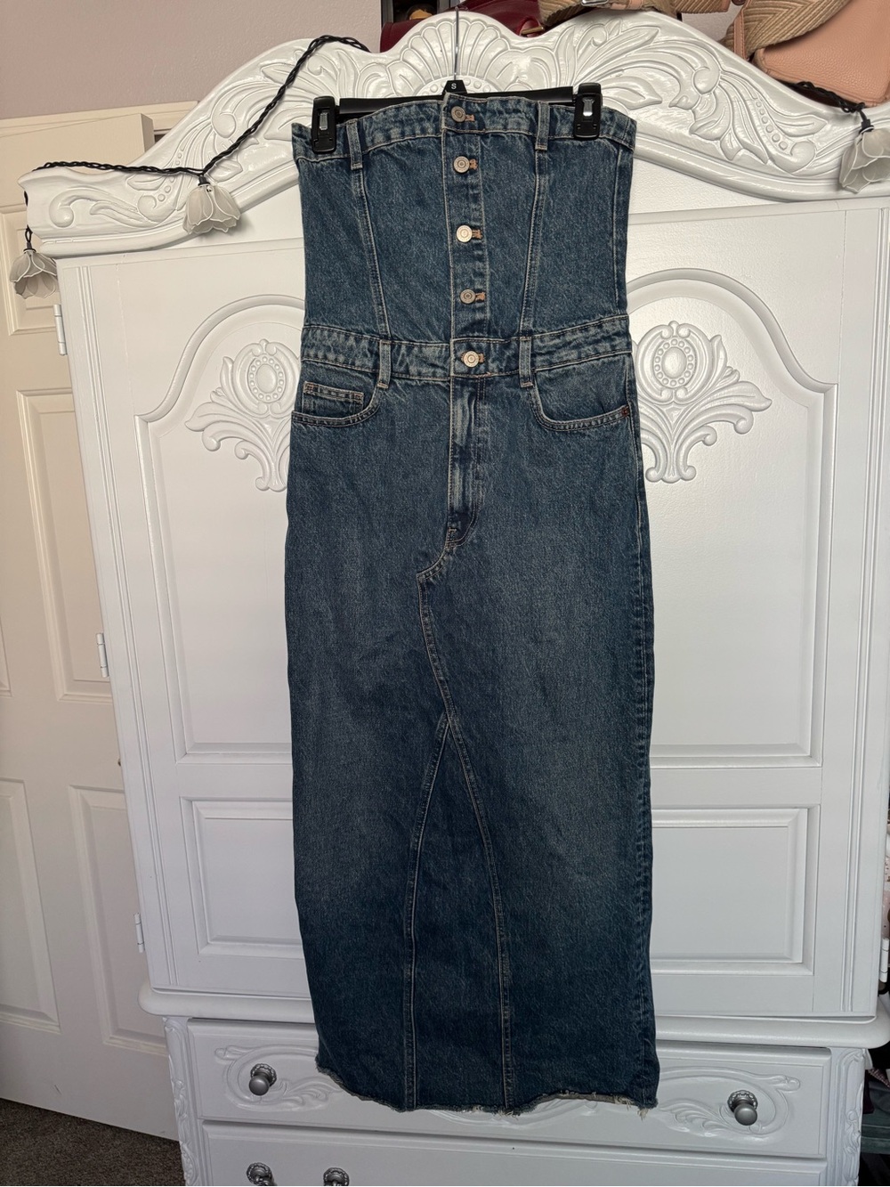 Zara Dark Blue Denim Strapless Midi Dress